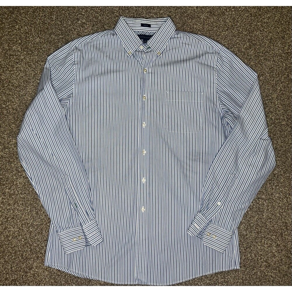 Tommy Hilfiger Slim Fit Blue White Striped Button Down Dress Shirt 16 34/35